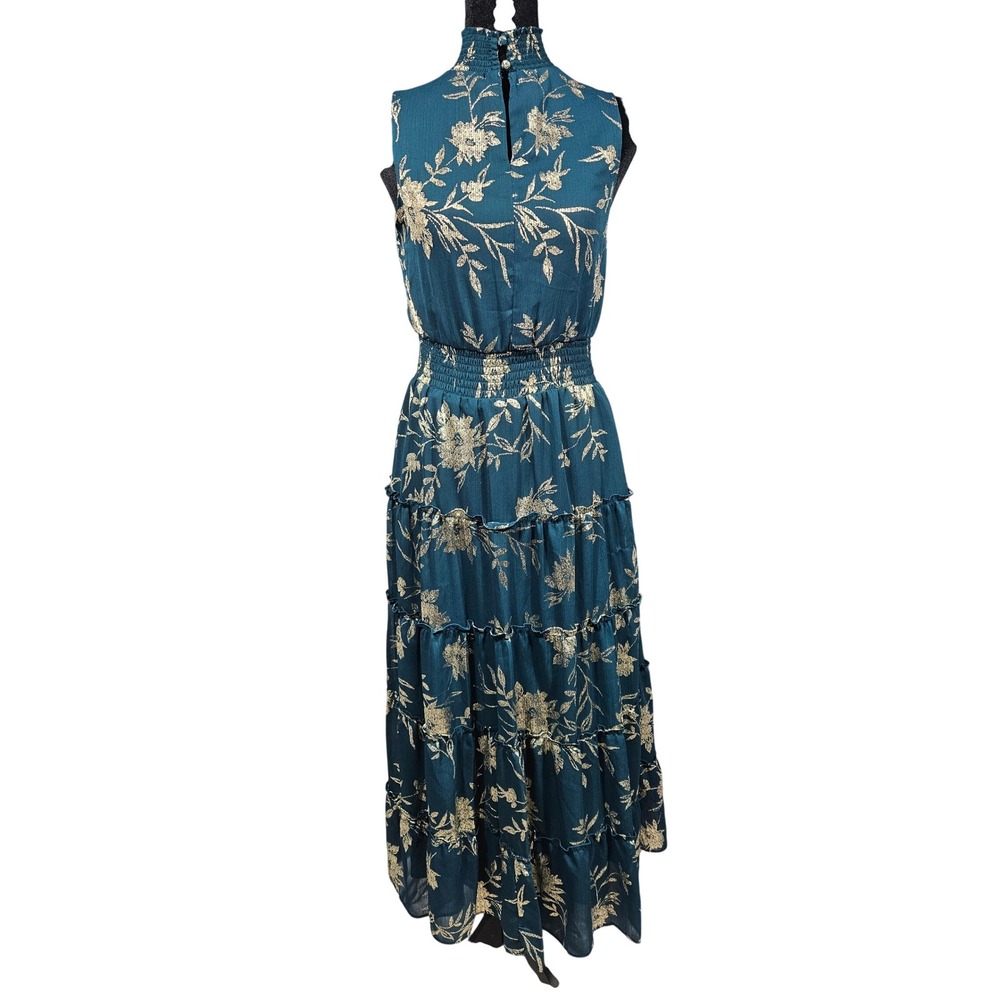 Sam and Jess Deep Jade Gold Foil Floral Smocked Tiered Maxi Dress PS DA91123712V